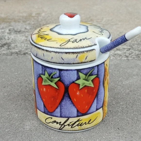 Decorative Ceramic Sugar Bowl & Spoon, Fruit: Strawberry Blueberry Cherry Orange - Picture 1 of 6